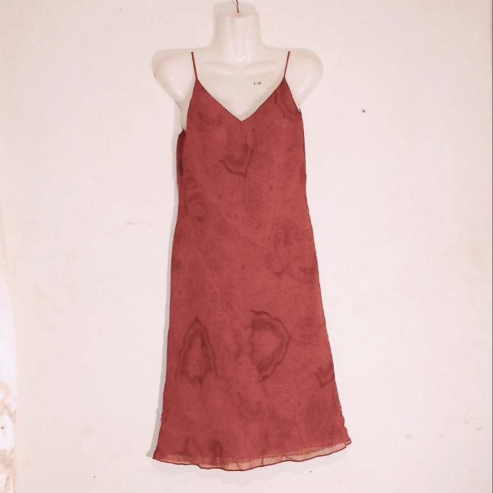 Ann Taylor Petites 100% Silk Red Paisley Spaghetti Strap V Neck Mini Dress Sz 4
